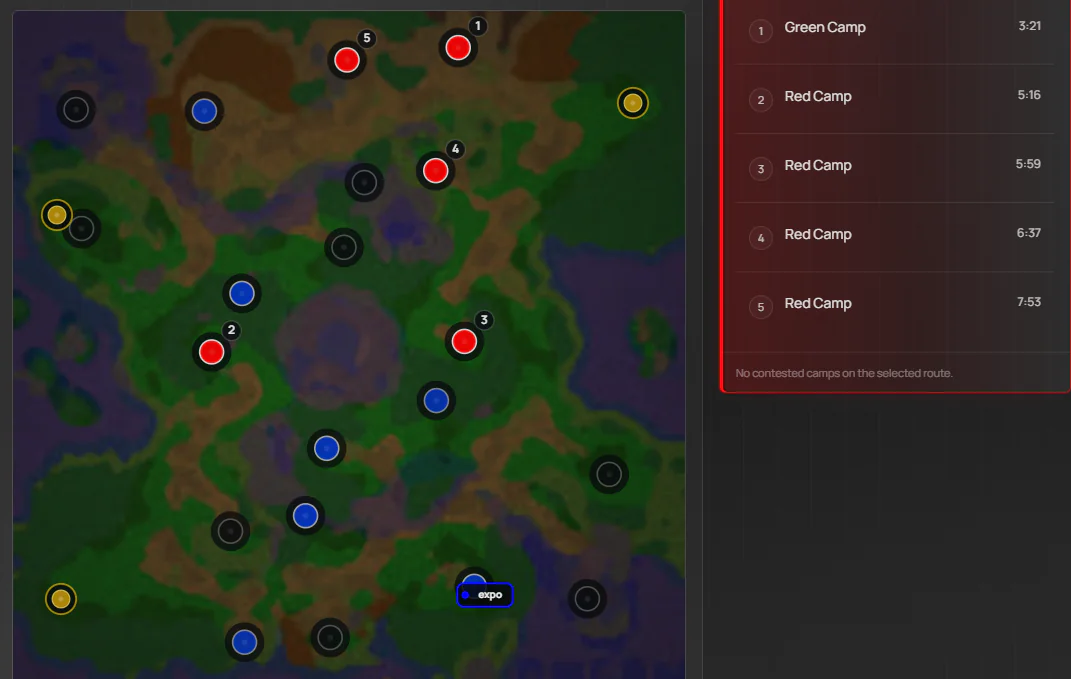 Map with a player's numbered creep camps and the time each camp was cleared